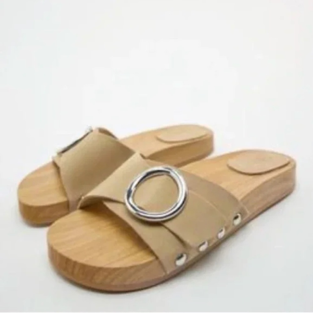 Zara taupe beige real suede leather buckled flat slip-on sandals NWT